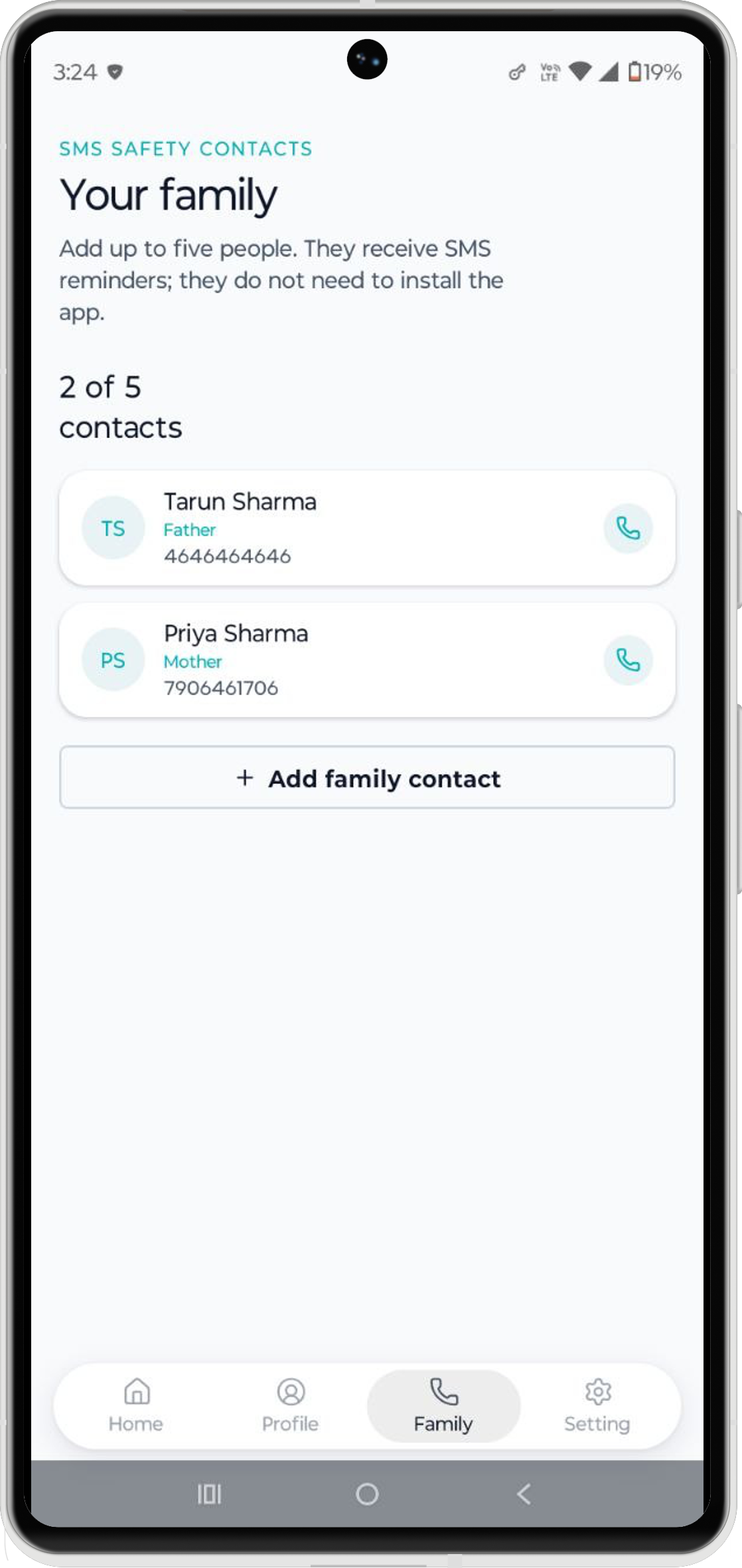 InTrouble Family Safety Contacts Screen